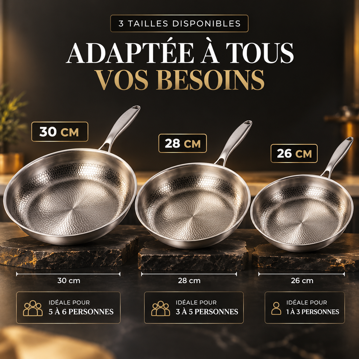 Poêles Belmont Dorée disponibles en 26, 28 et 30 cm