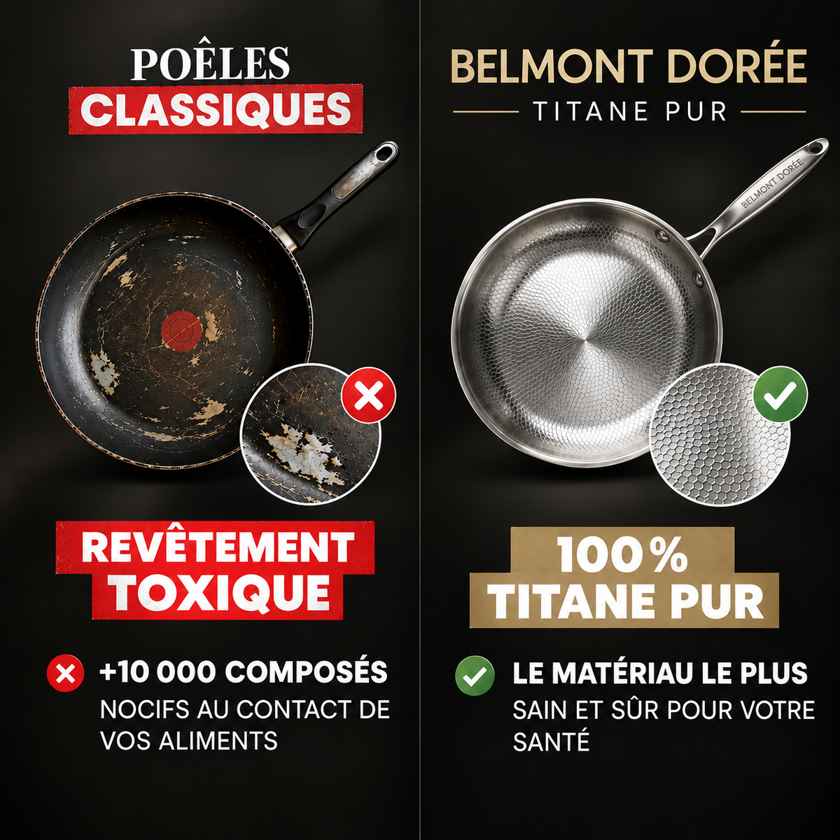 Comparaison visuelle entre poêle classique et poêle Belmont Dorée